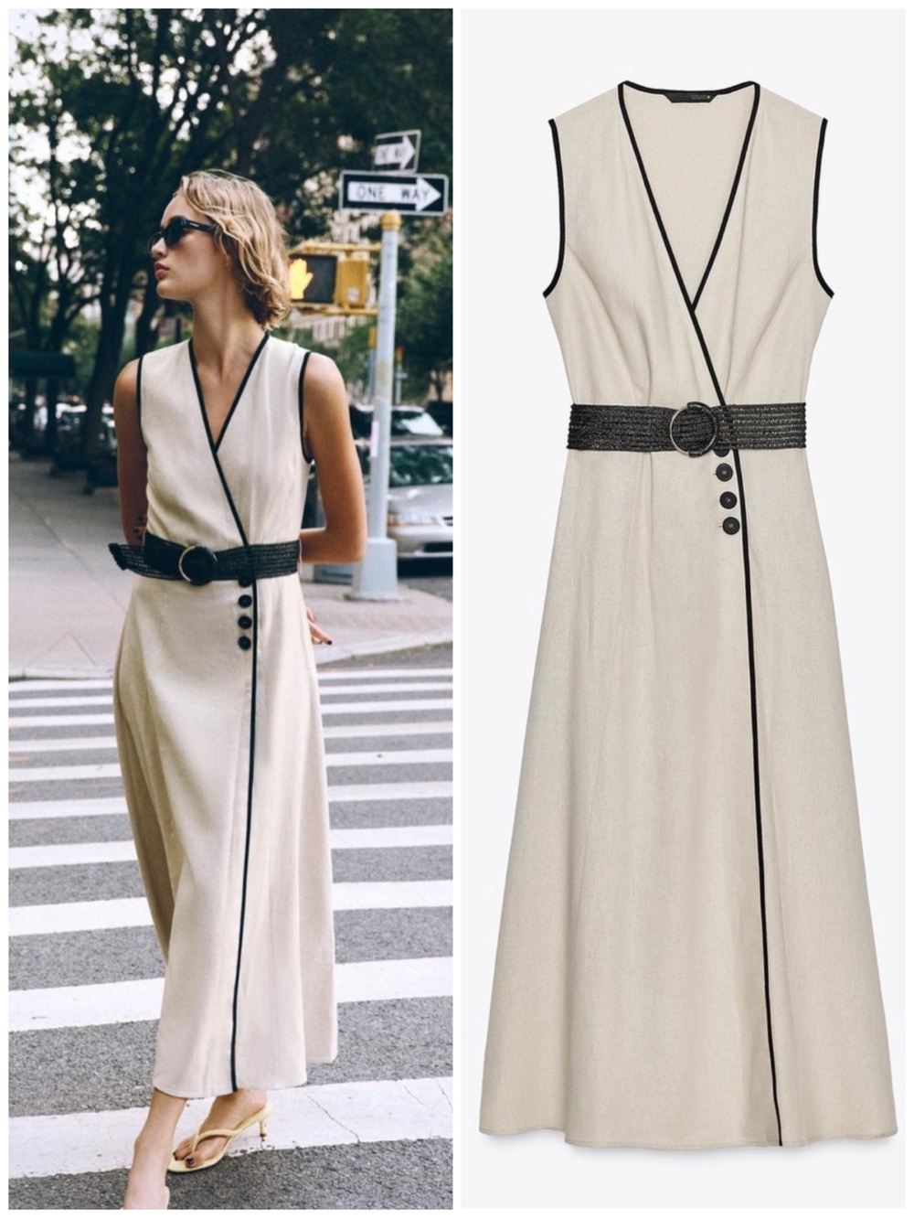 Zara Sleeveless Cream Wrap Dress with Black Piping